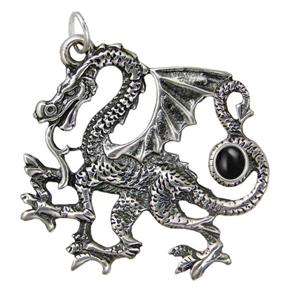 Sterling Silver Large Fighting Dragon Pendant With Black Onyx